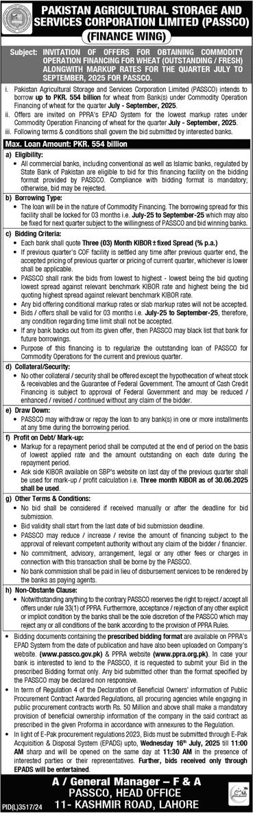 Pakistan Agricultural Storage & Services Corporation Limited Tender Notice